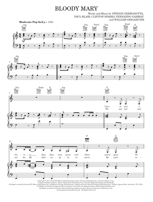 Bloody mary - Lady Gaga (Piano-Vocal-Guitar)