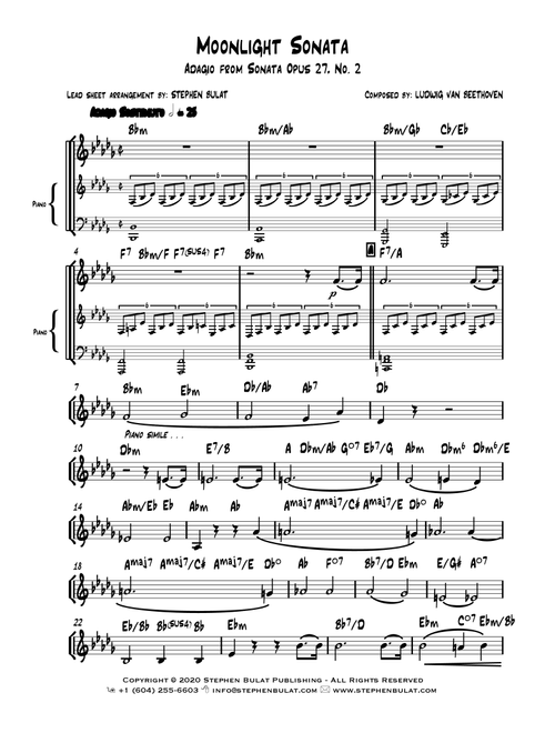 Moonlight Sonata - Adagio from Sonata Opus 27 No. 2 (Beethoven) - Lead sheet (key of Bb minor) (Arr. Stephen Bulat) - Ludwig van Beethoven (Large Ensemble)