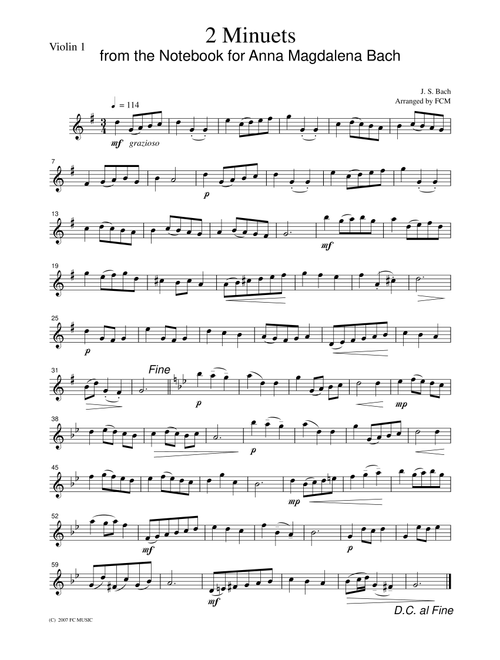 J.S.Bach  2 Minuets from the Notebook for Anna Magdalena Bach, for string quartet, CB217 (Arr. FCMUSIC) (String Quartet)