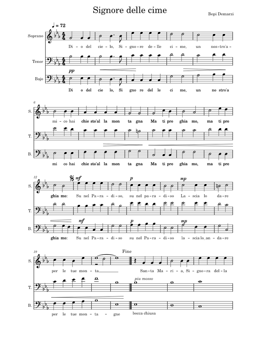 Signore delle Cime Bepi de Marzi STB Eb Sheet music for Soprano, Tenor, Bass voice (Choral