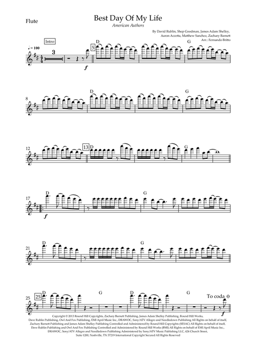 Best Day Of My Life (Arr. Fernando Britto) - American Authors (Flute Solo)