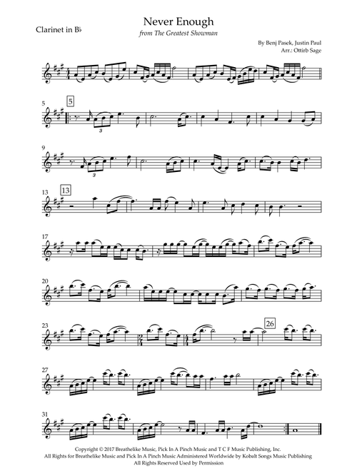 Never Enough (Arr. Ottirb Sage) - The Greatest Showman Ensemble (Clarinet Solo)