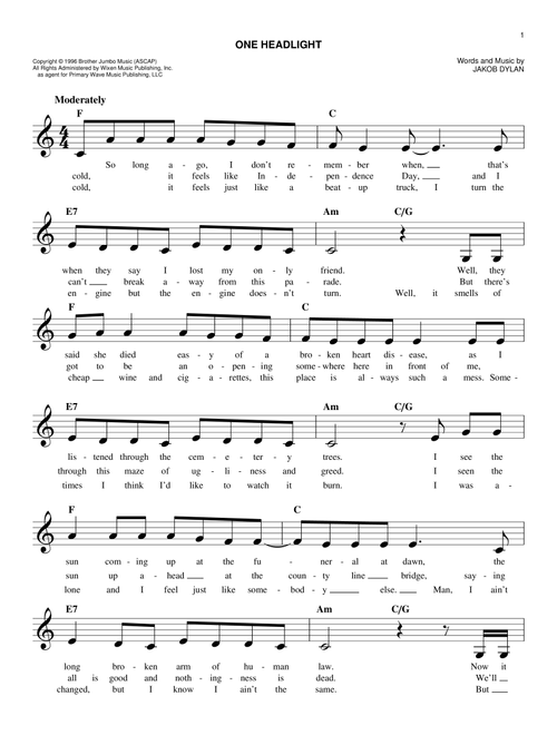 One Headlight - The Wallflowers (Easy Lead Sheet - Fake Book)