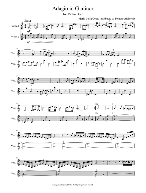 Adagio in G moll Violin Duet – Tomaso Albinoni Adagio in G Albinoni Violin Duo Duet