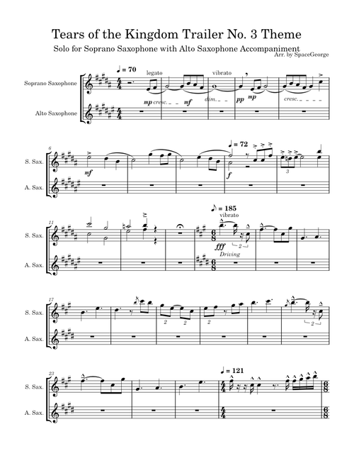 The Legend of Zelda: Tears of the Kingdom – Official Trailer #3 (Untitled Theme) Solo for Soprano Saxophone with Alto Saxophone Accompaniment TotK-No3 Sax 15Apr2023