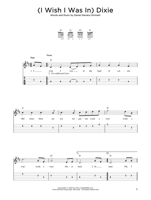 (I Wish I Was In) Dixie - Daniel Decatur Emmett (Easy Guitar with TAB)