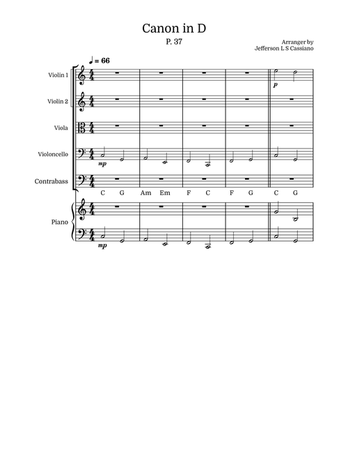 Canon in D: String Quintet and Piano with Chords (Arr. Jefferson LS Cassiano) - J Pachelbel (String Ensemble)
