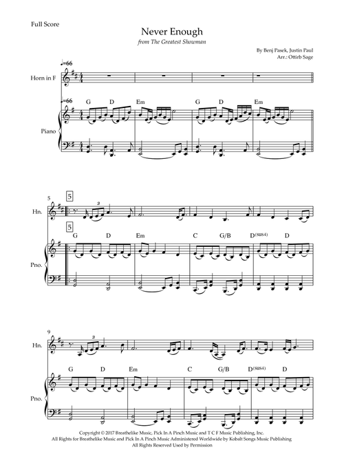 Never Enough (Arr. Ottirb Sage) - The Greatest Showman Ensemble (French Horn and Piano)