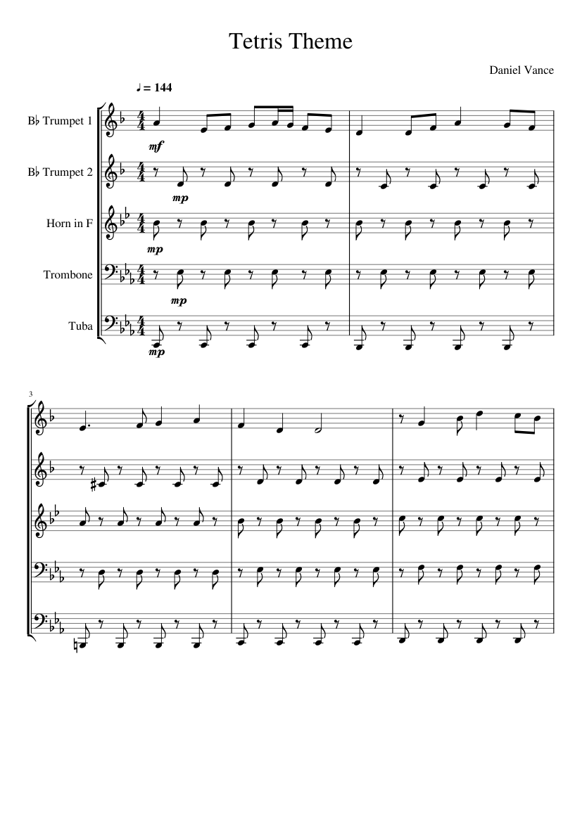 Tetris Theme Sheet music for Trombone, Tuba, Trumpet in b-flat, French horn  (Brass Quintet) 