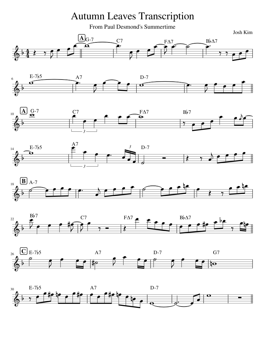 Autumn Leaves Transcription Sheet music for Saxophone alto Solo Musescore
