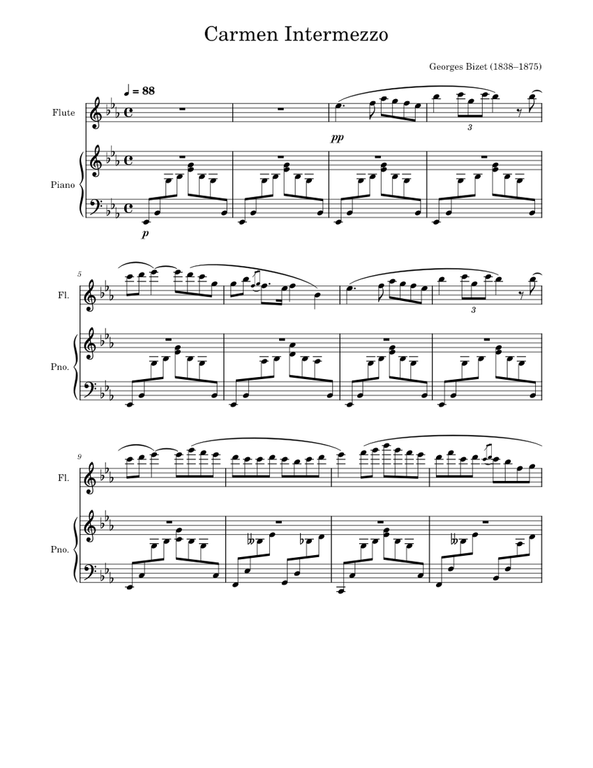 Carmen Intermezzo Sheet Music for Piano, Flute (Solo) | MuseScore.com
