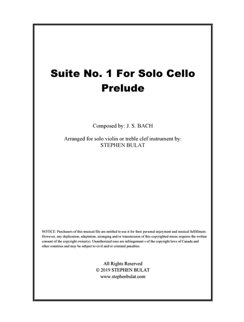 Cello Suite No 1 in G - Prelude (Bach) - arranged for solo violin or treble clef instrument (key of (Arr. Stephen Bulat) - J. S. Bach (Large Ensemble)