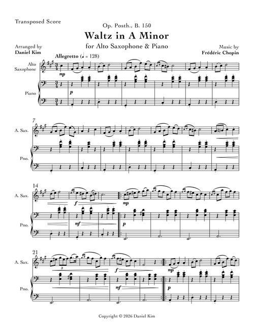 Waltz in A Minor (Alto Sax & Piano) (Arr. Daniel Kim) - Frédéric Chopin (Alto Sax and Piano)