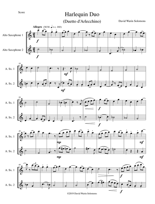 Harlequin Duo (Duetto d'Arlecchino) for 2 alto saxophones - David Warin Solomons (Alto Sax Solo)