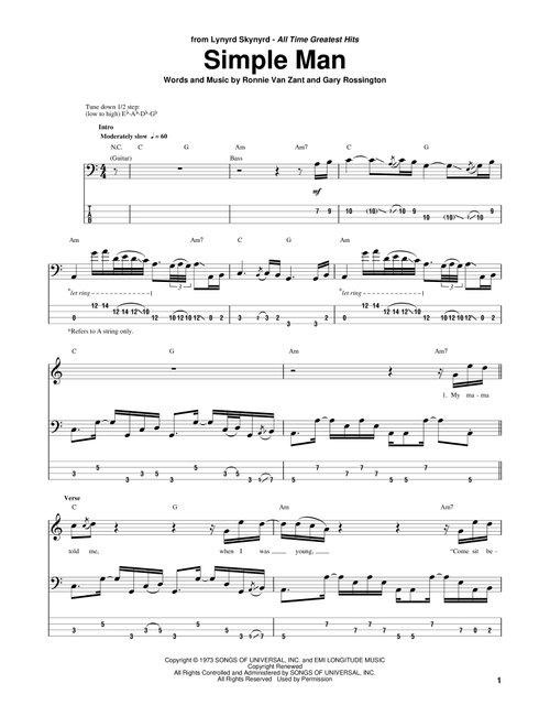 Simple Man - Lynyrd Skynyrd (Bass Tab)
