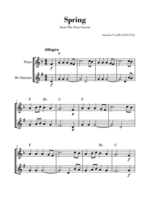 Spring from 'The Four Seasons' by Vivaldi - Easy Flute and Clarinet Duet (with Chords) (Arr. Gisele Sant'Ana) - Antonio Vivaldi (Instrumental Duet)
