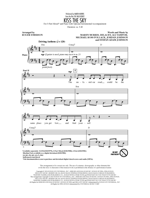 Kiss The Sky (from The Wild Robot) (arr. Roger Emerson) - Maren Morris (Choral, 3-Part Mixed)