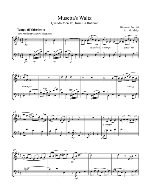 Musetta's Waltz from La Boheme, for violin and cello duet (Arr. Marion Maby) - Giacomo Puccini (Instrumental Duet)