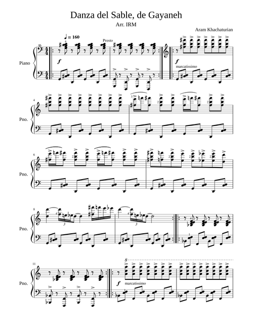 Khachaturian, Sabre dance easy medium piano score