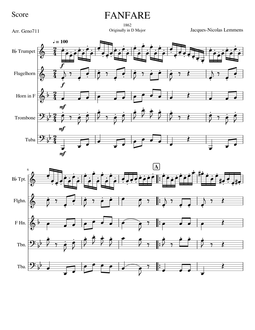 Fanfare by Jacques Nicholas Lemmens Sheet Music for Trombone, Tuba ...