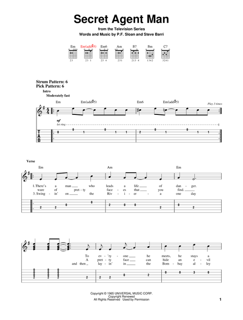 Secret Agent Man - Johnny Rivers (Easy Guitar with TAB)