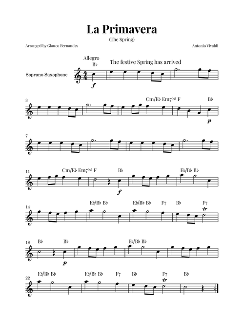 La Primavera (The Spring) by Vivaldi - Soprano Saxophone Solo with Chord Notations (Arr. Glauco Fernandes) - Antonio Vivaldi (Soprano Sax Solo)
