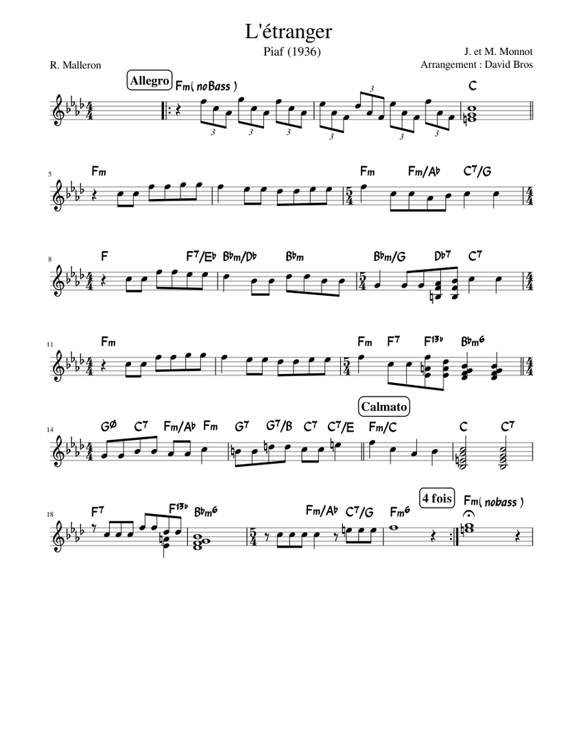 L'étranger Sheet music for Piano (Solo)