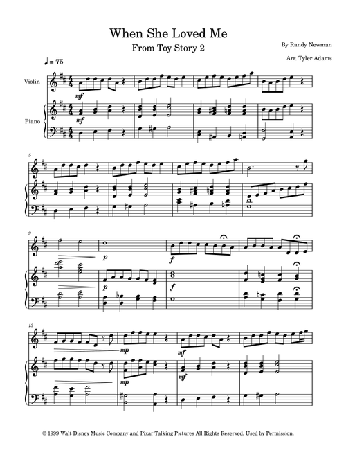 When She Loved Me (Arr. Tyler Adams) - Sarah McLachlan (Violin and Piano)