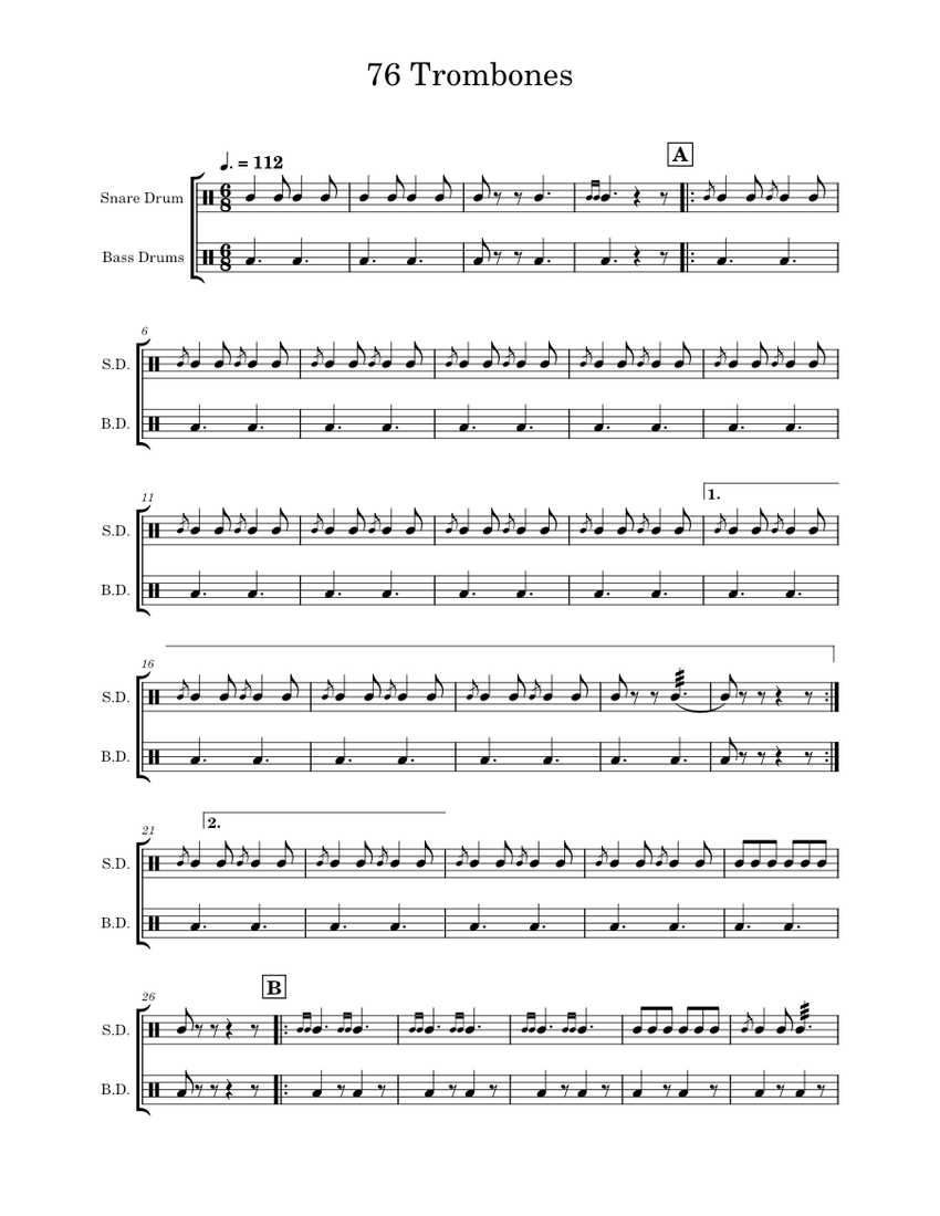 76 Trombones Sheet music for Snare drum, Bass drum (Percussion Duet
