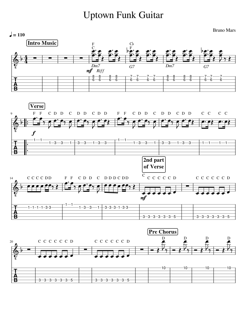 Uptown Funk - Guitar Sheet Music and Tab for Guitar (Solo) | MuseScore.com