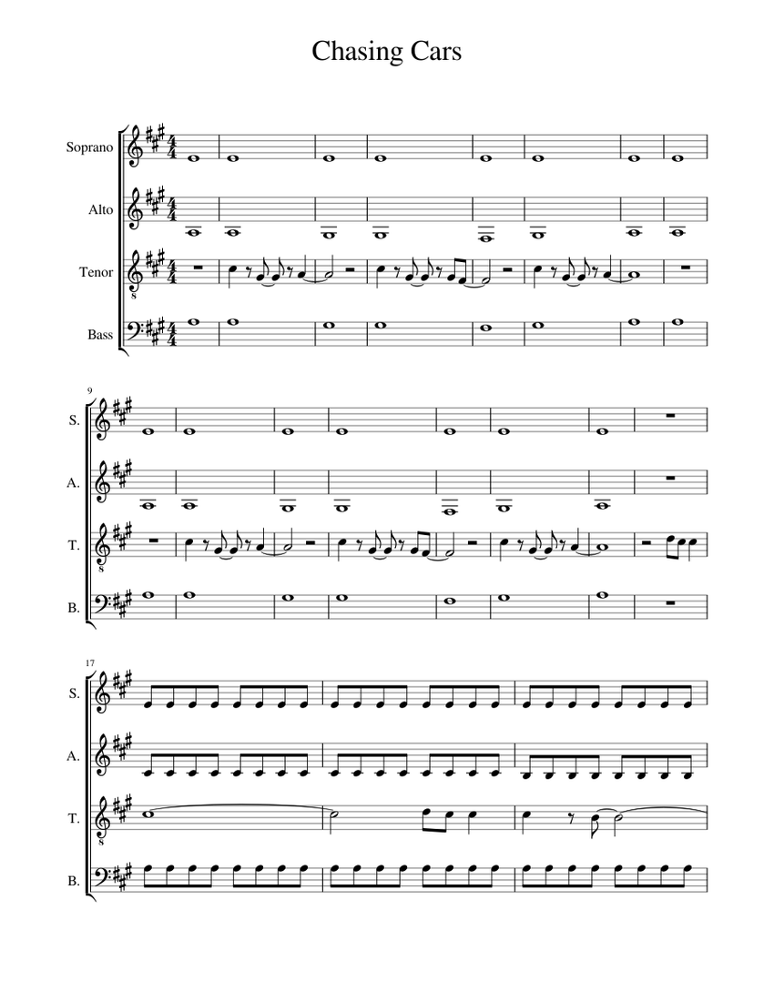 Chasing Cars Sheet Music for Soprano, Alto, Tenor, Bass voice (A ...