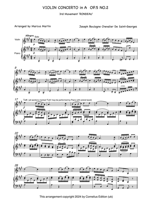 Violin Concerto No. 5 in A. 3rd movement 'Rondeau' (Arr. Marcus Martin) (Violin and Piano)