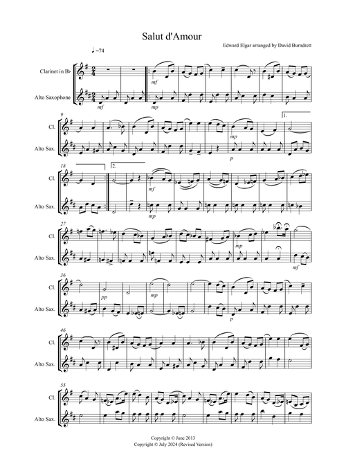 Salut d' Amour for Clarinet and Alto Saxophone Duet (Arr. David Burndrett) - Edward Elgar (Instrumental Duet)