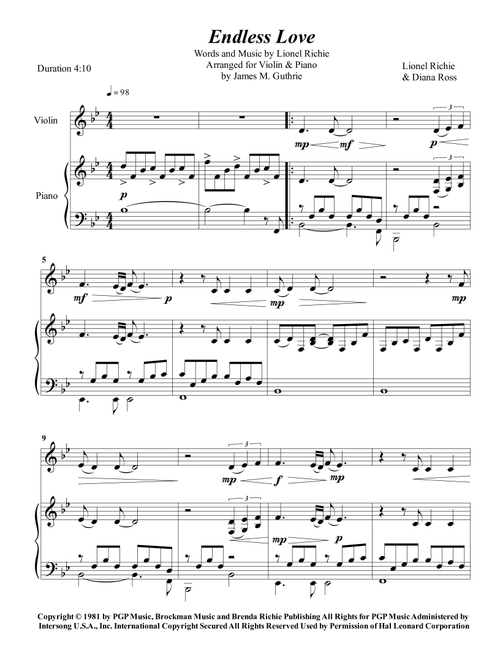 Endless Love (Arr. James M. Guthrie, ASCAP) - Diana Ross & Lionel Richie (Violin and Piano)