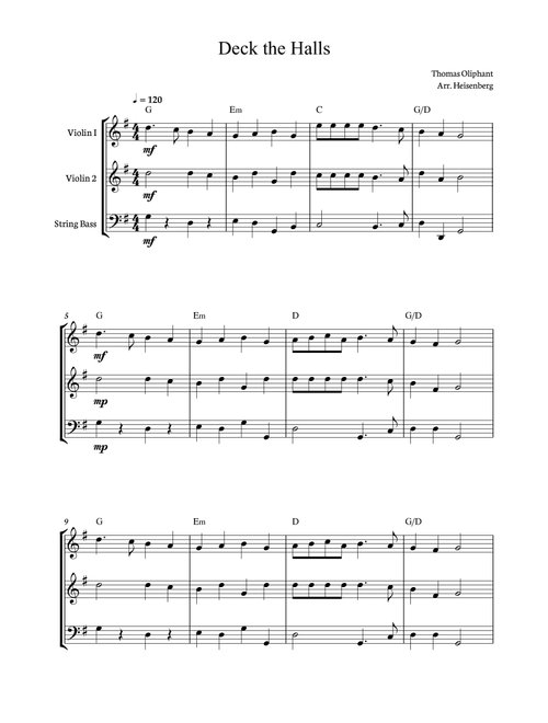 Deck The Halls for two violins and string bass with chords. Score and parts included. (Arr. Heisenberg) - Thomas Oliphant (String Ensemble)