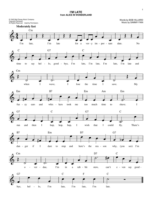 I'm Late (from Alice In Wonderland) - Sammy Fain, Bob Hilliard (Easy Lead Sheet - Fake Book)