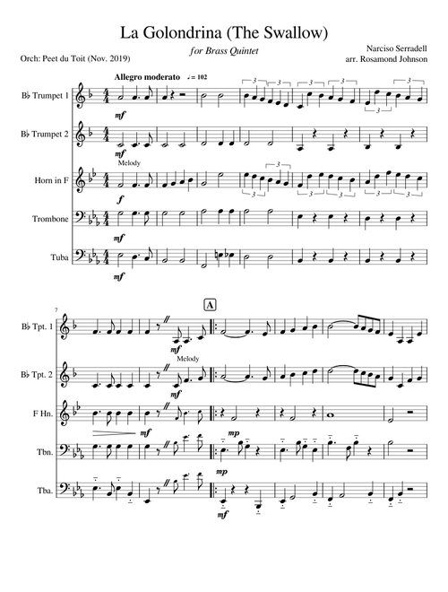 La Golondrina / The Swallow  - Narciso Serradell, arr. RR Johnson  (Brass Quintet)