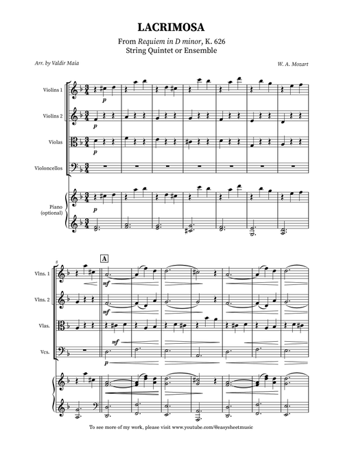 Lacrimosa for String Quartet with Piano Accompaniment (Arr. Valdir Maia) - Mozart (String Quartet)