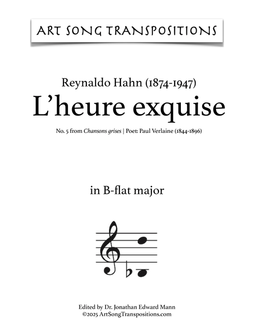 HAHN: L'heure exquise (transposed to B-flat major) (Arr. ArtSongTranspositions.com) - Reynaldo Hahn (Piano Vocal)