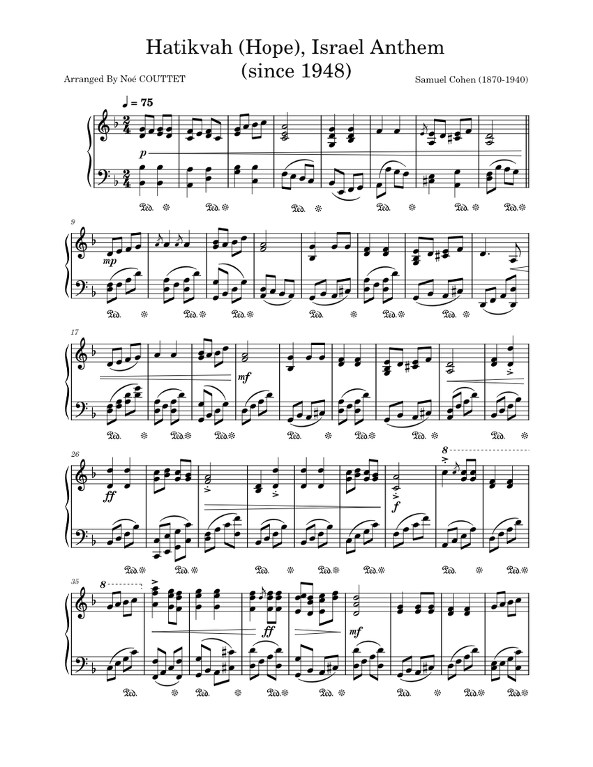 Hatikvah Samuel Cohen Hatikvah Hope , Israel Anthem Sheet music for