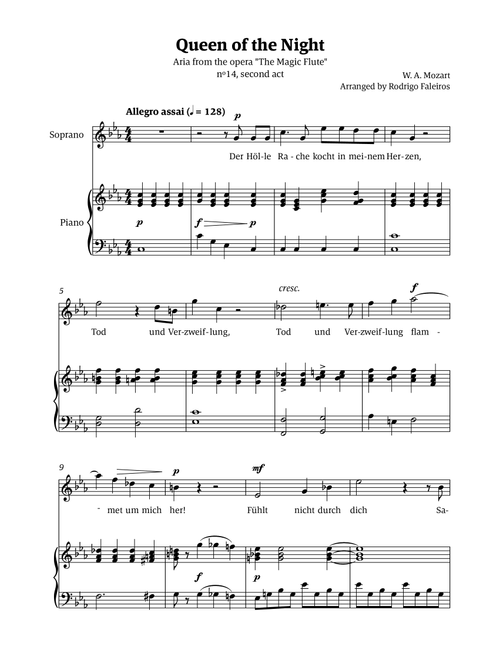 Queen of the Night (aria) - for SOPRANO in C minor (Arr. Rodrigo Faleiros) - Mozart, W A Mozart (Piano Vocal)