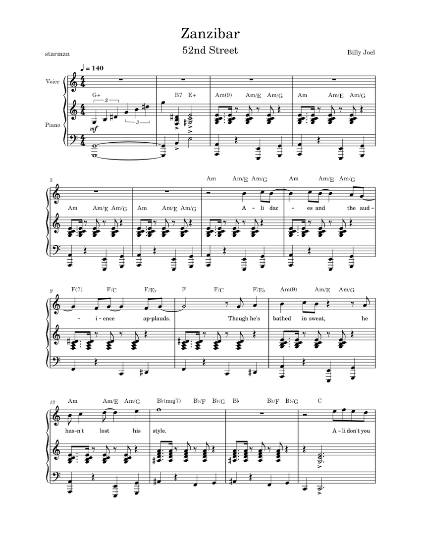 Zanzibar – Billy Joel Sheet Music with Chords for Piano