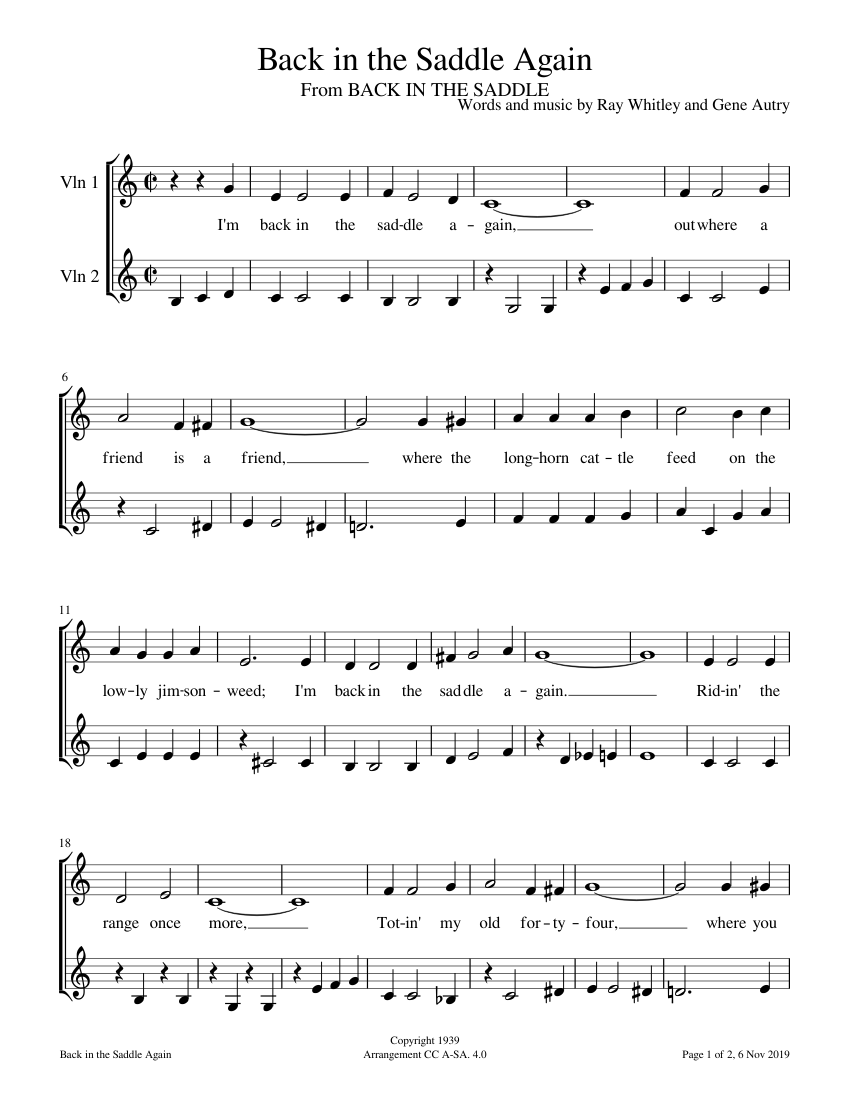 Back in the Saddle Again Sheet Music for Violin (String Duet ...