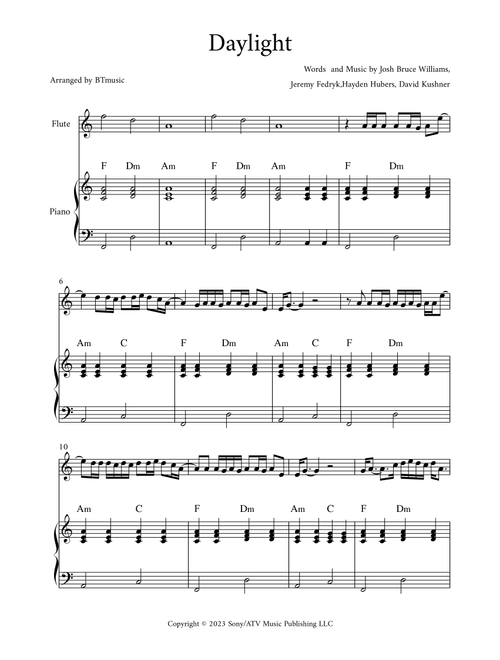 Daylight (Arr. BTmusic) - David Kushner (Flute and Piano)