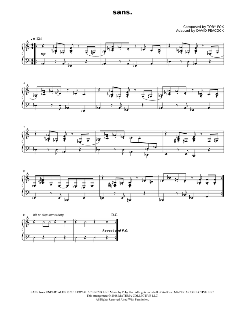 sans. (UNDERTALE Complete Piano Sheet Music) Sheet Music for