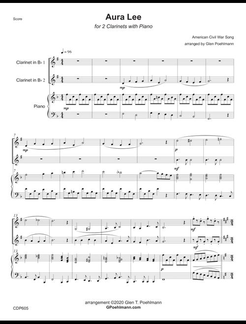 AURA LEA - CLARINET DUET with Piano Accompaniment #605 (Arr. Glen Poehlmann) - George R Poulton (Instrumental Duet and Piano)