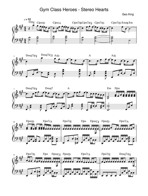 Stereo Hearts (Arr. Gregory King) - Gym Class Heroes Featuring Adam Levine (Easy Piano)