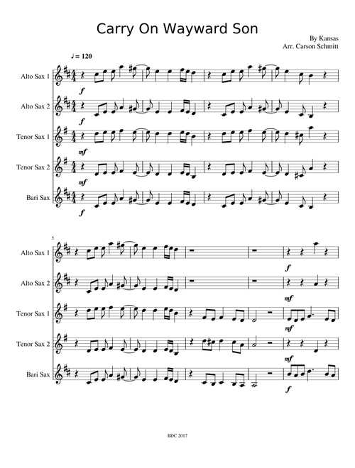 Carry On Wayward Son - Sax Quintet