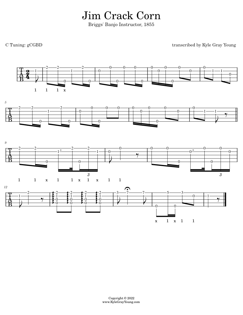 Jim Crack Corn Briggs' Banjo Instructor (5string banjo tabs) Sheet
