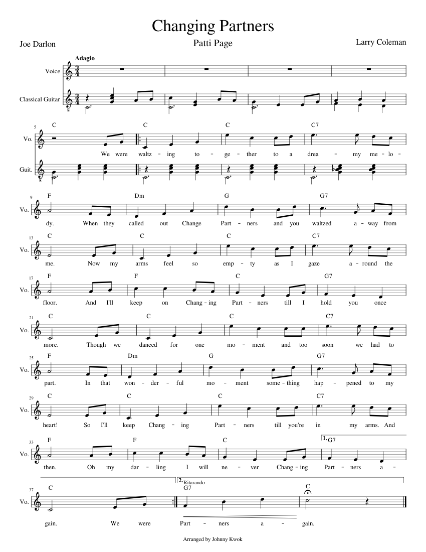 Changing Partners Sheet Music with Chords for Vocals, Guitar (Solo ...